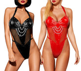 Body sexy échancré avec string art. 028E Mod. NATASHA avec clous et chaîne