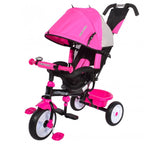 T60141 SPRINT Tricycle à pousser avec pédales, porte-objets et capote Rose/Bleu