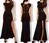 Robe longue ajusté avec dentelle dans le dos et ouverture jambe droite - noire