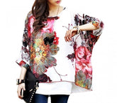 Blouse en mousseline de soie oversize asymétrique avec imprime floral blanc 005