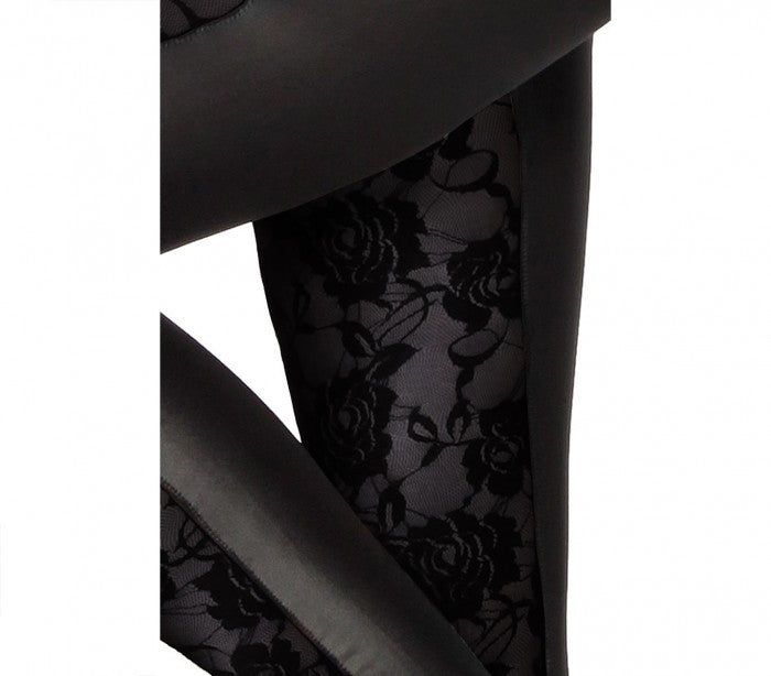 J-0213 Leggings femmes, effet cuir avec avant en dentelle élastique 