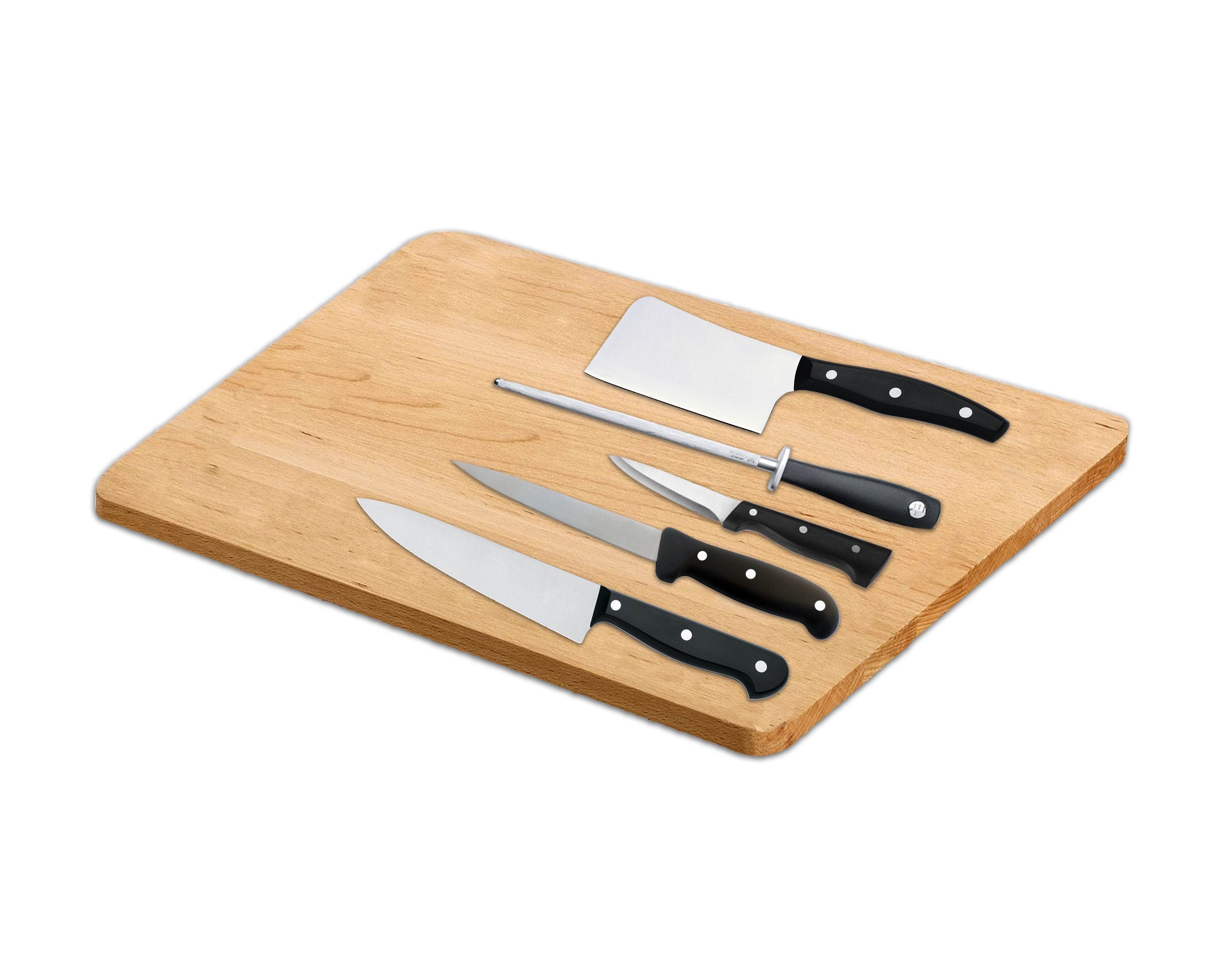 Set de 6 couteaux inox à lame d'acier et planche en bois 30 x 20 cm 593729