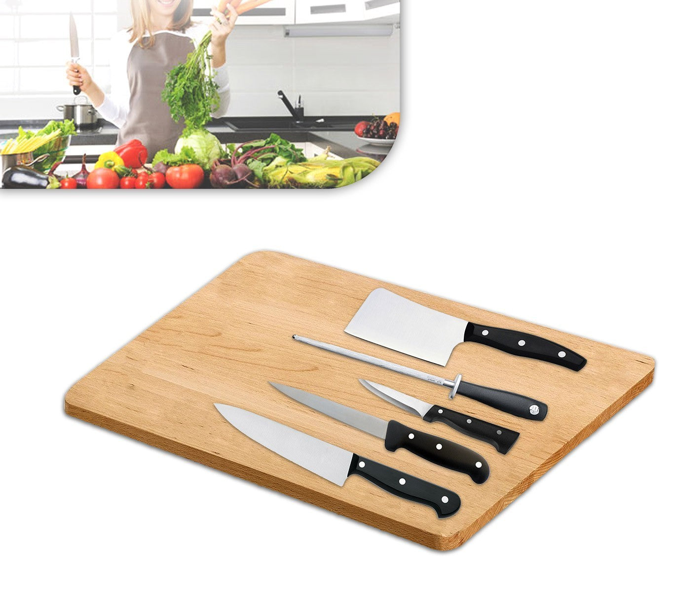 Set de 6 couteaux inox à lame d'acier et planche en bois 30 x 20 cm 593729