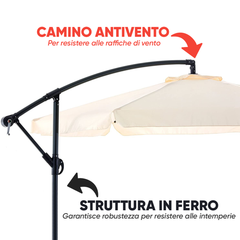 Ombrellone da Giardino Braccio Decentrato con Manovella Telo Ecrù Tondo 3x2mt