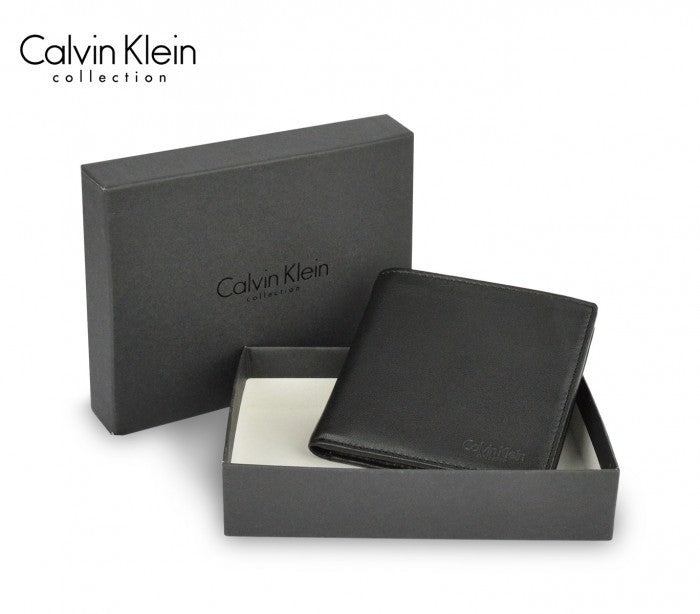 S09 Portefeuille noir Calvin Klein pour homme en vrai cuir avec porte-monnaie