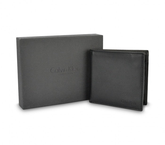 S09 Portefeuille noir Calvin Klein pour homme en vrai cuir avec porte-monnaie