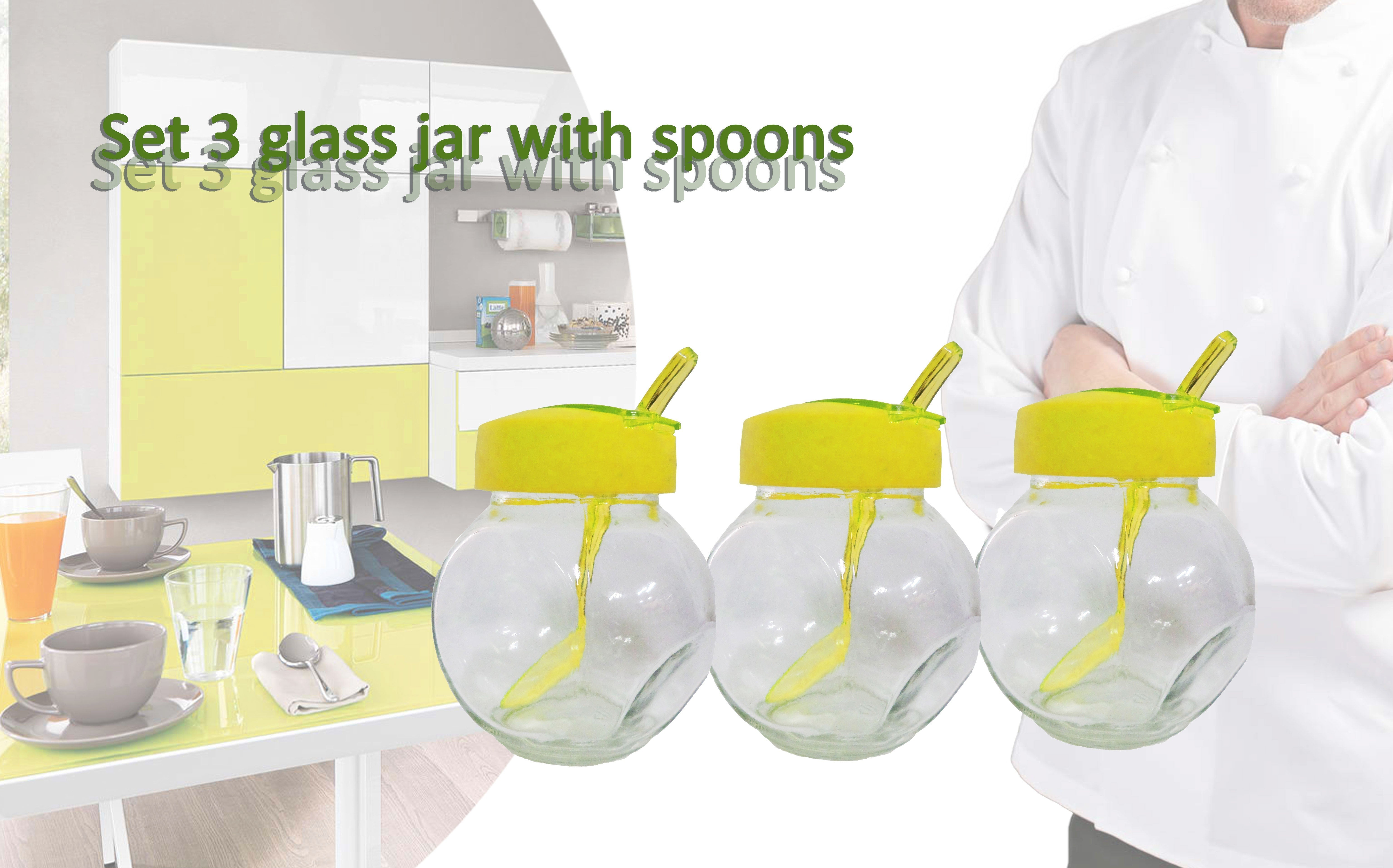 Set 3 récipients/ boite alimentaire en verre 6x8x9cm avec couvercle et cuillère