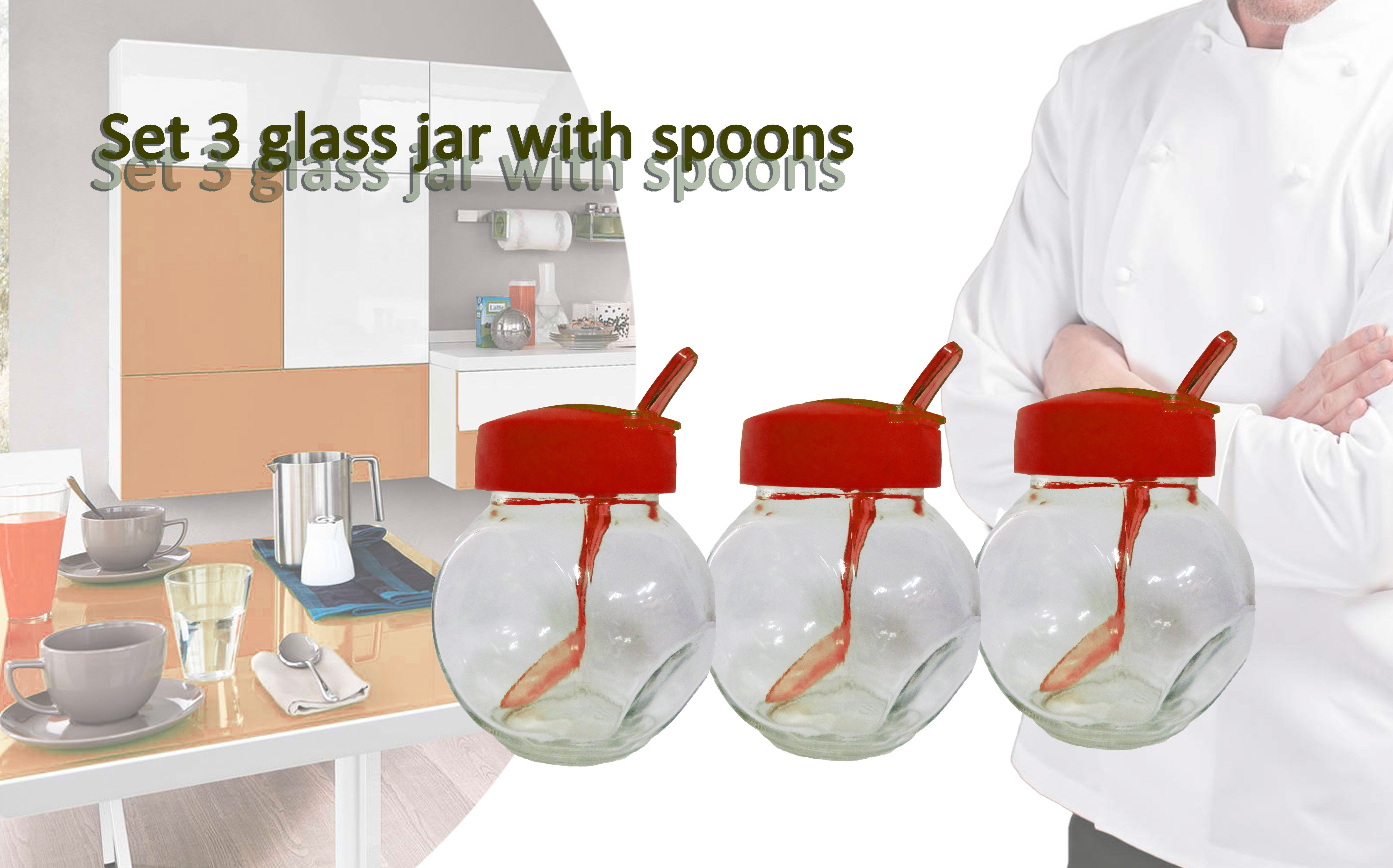 Set 3 récipients/ boite alimentaire en verre 6x8x9cm avec couvercle et cuillère