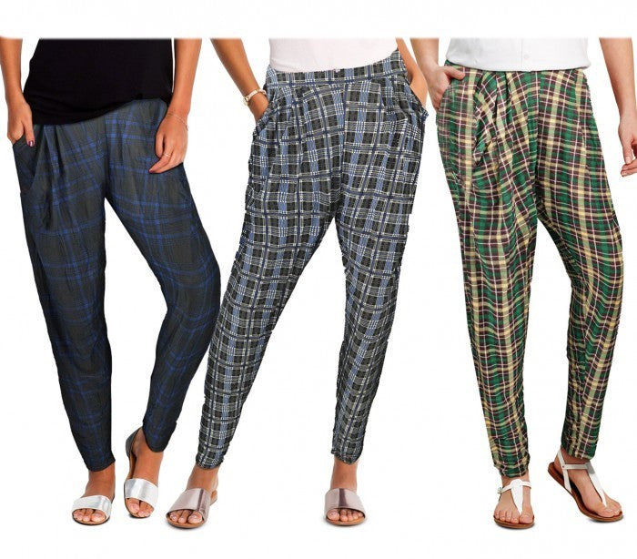 TG08-13 Pack de 3 pantalons sarouel pour femmes ass. STYLE carcan à carreaux