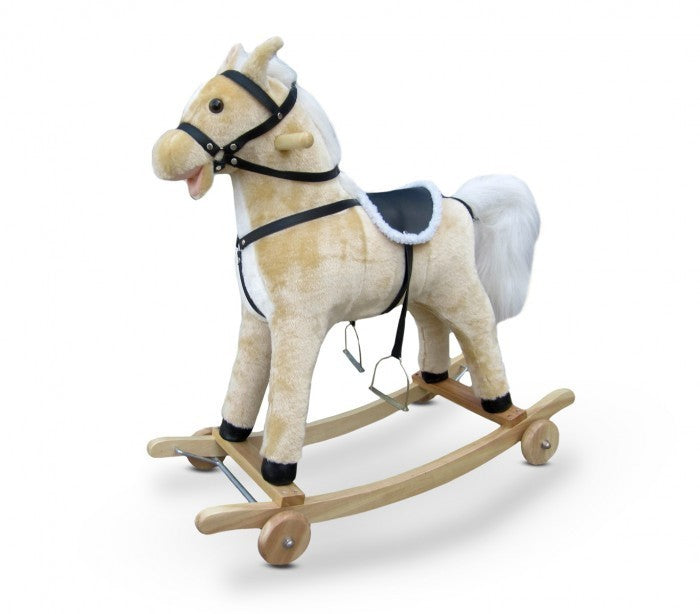 Cheval à bascule LT850 en peluche et en bois avec roulettes, lumières et sons
