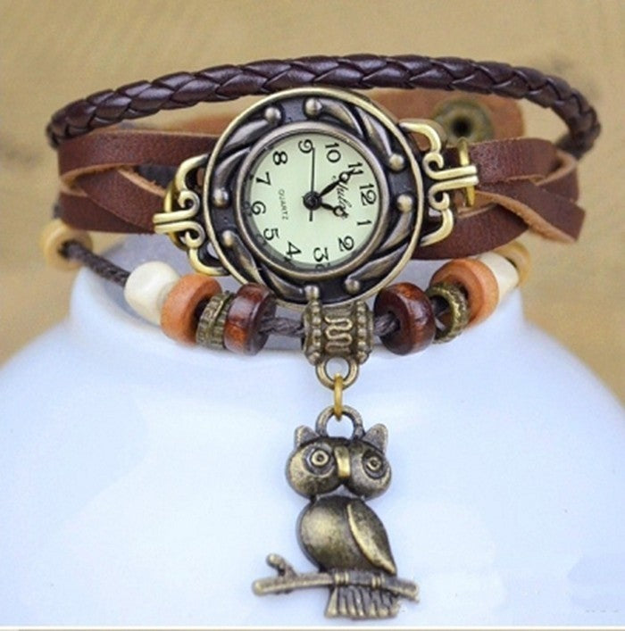 Montre analogique- bracelet en cuir - hibou