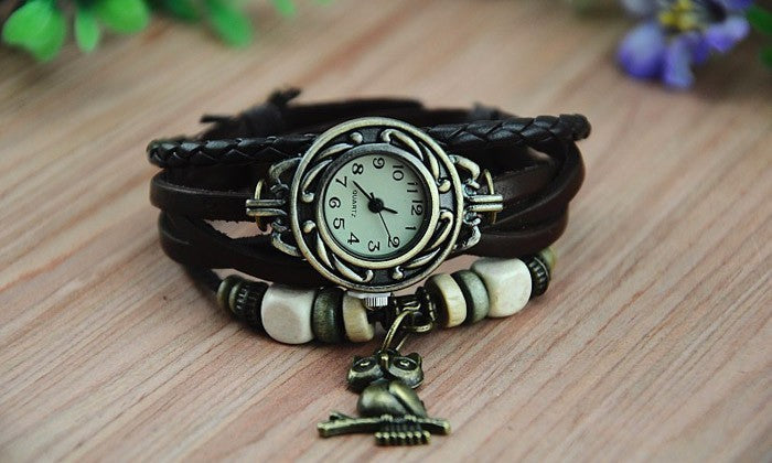 Montre analogique- bracelet en cuir - hibou