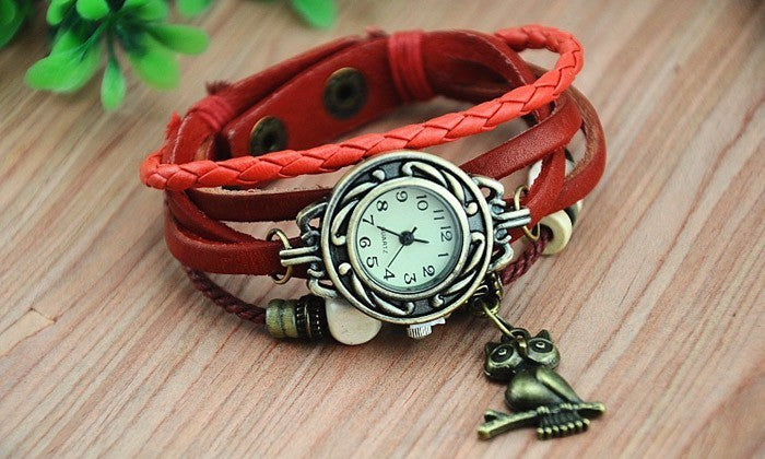 Montre analogique- bracelet en cuir - hibou