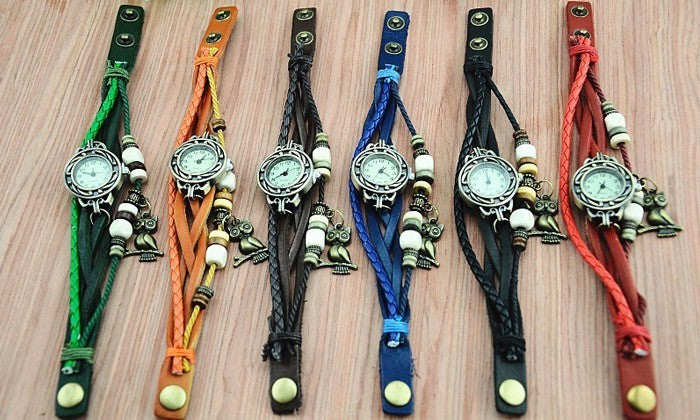 Montre analogique- bracelet en cuir - hibou