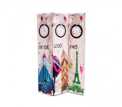 Paravent 05978 modèle Horloges en toile sur bois 120 x 180 cm trois panneaux