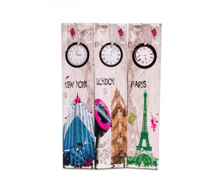 Paravent 05978 modèle Horloges en toile sur bois 120 x 180 cm trois panneaux