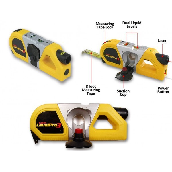 Niveau macon Laser Professional 3 en 1 avec ventouse amovible et metre á ruban 