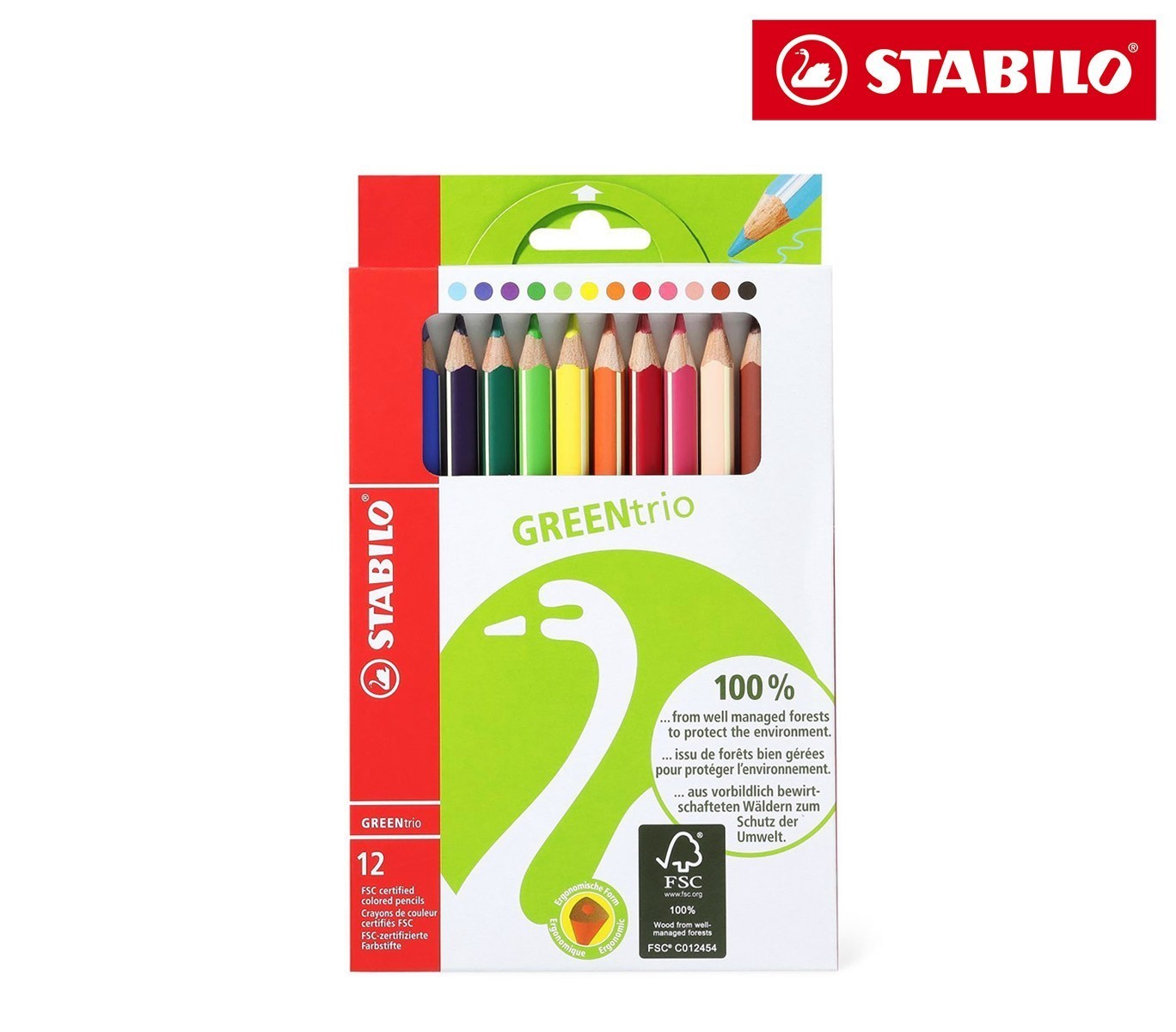 6203/12 Étui carton de 12 crayons de couleur STABILO GREEN trio triangulaire