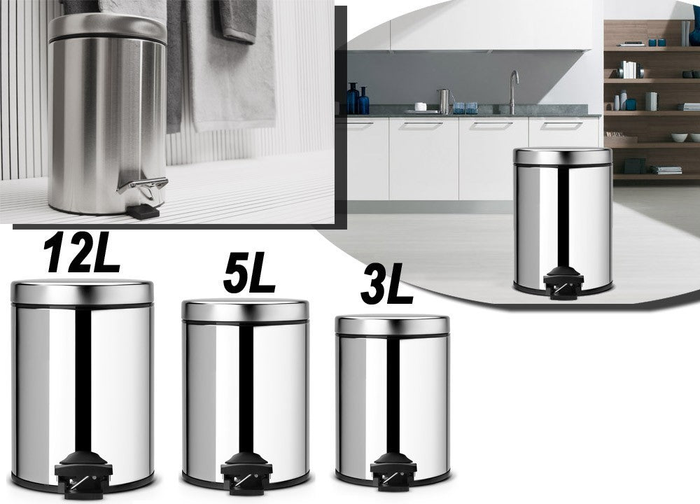 Set de 3 poubelles de cuisine à pédale 3 - 5 - 12 lt en inox poli