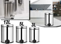 Set de 3 poubelles de cuisine à pédale 3 - 5 - 12 lt en inox poli