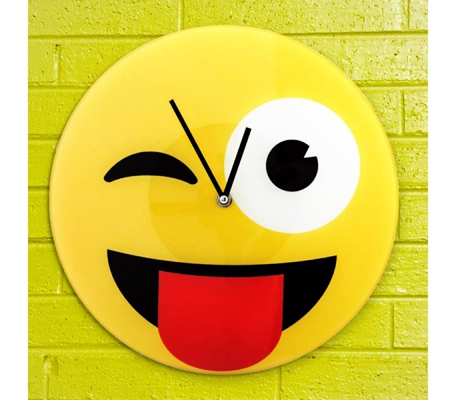 79/3229 Horloge murale en verre émoticône de clin d’œil tire la langue 30 cm ø