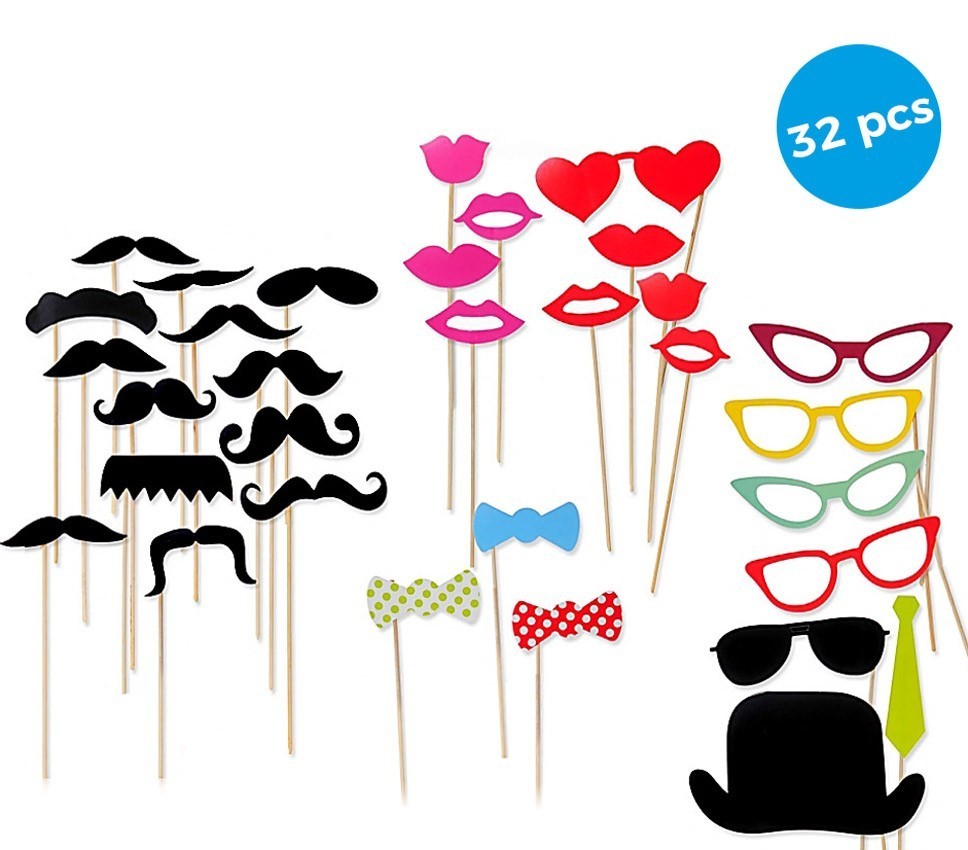 106058 Set de 32 pcs pour photo booth PHOTO PROPS moustaches lèvres pour soirée