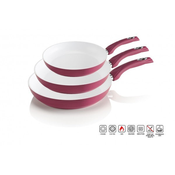 Lot de 3 poéles en céramique antibactériens plusieurs couleurs 20 - 24 - 28 cm