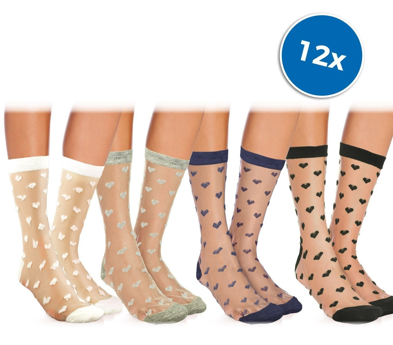 W-8003 Lot de 12 paires de chaussettes pour femme LOVELY  avec des cœurs