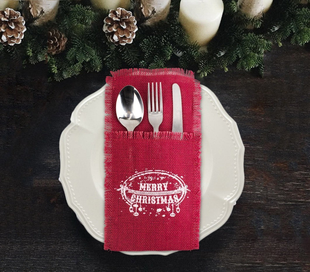 567193 Poche porte-couverts Noël MERRY CHRISTMAS toile de jute rouge