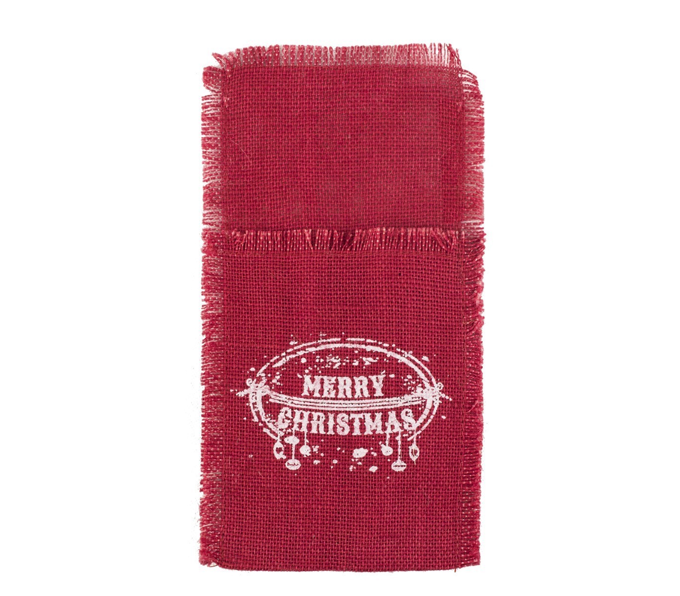567193 Poche porte-couverts Noël MERRY CHRISTMAS toile de jute rouge