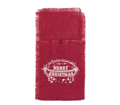 567193 Poche porte-couverts Noël MERRY CHRISTMAS toile de jute rouge