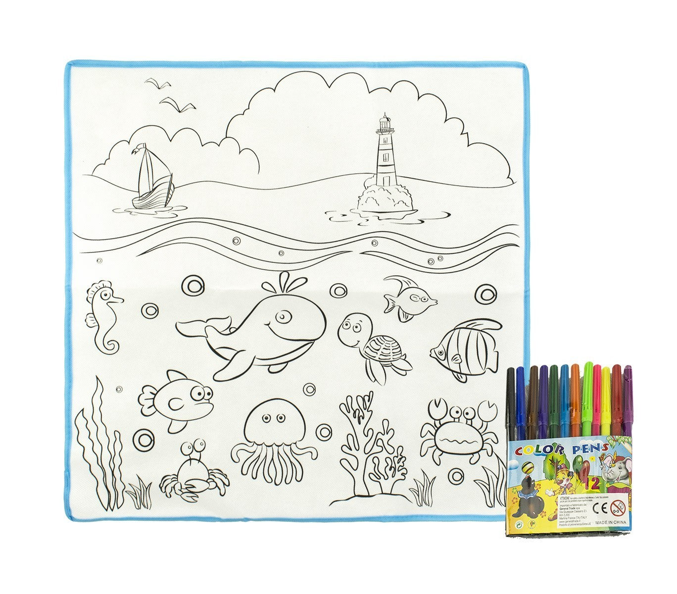 121767 Tapis magique L'OCÉAN lavable 50 x 50 cm pour colorier avec 12 feutres