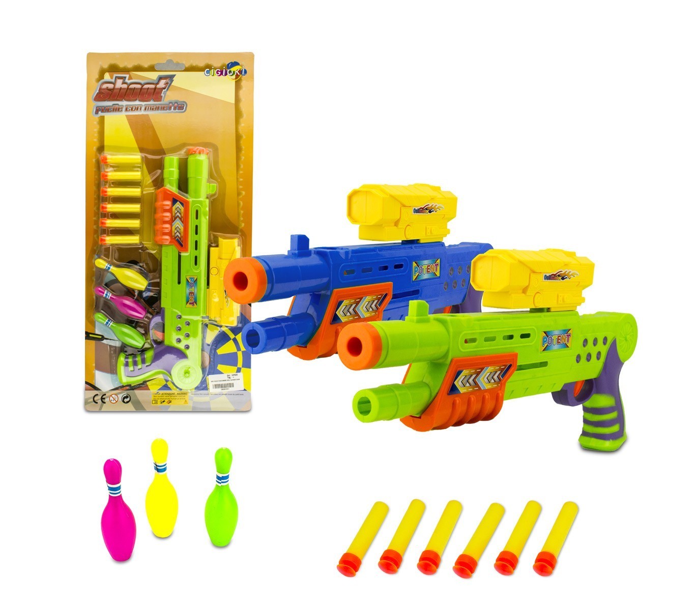 168837 Pistolet en plastique SHOOT PLAY CIGIOKI avec balles souples et quilles