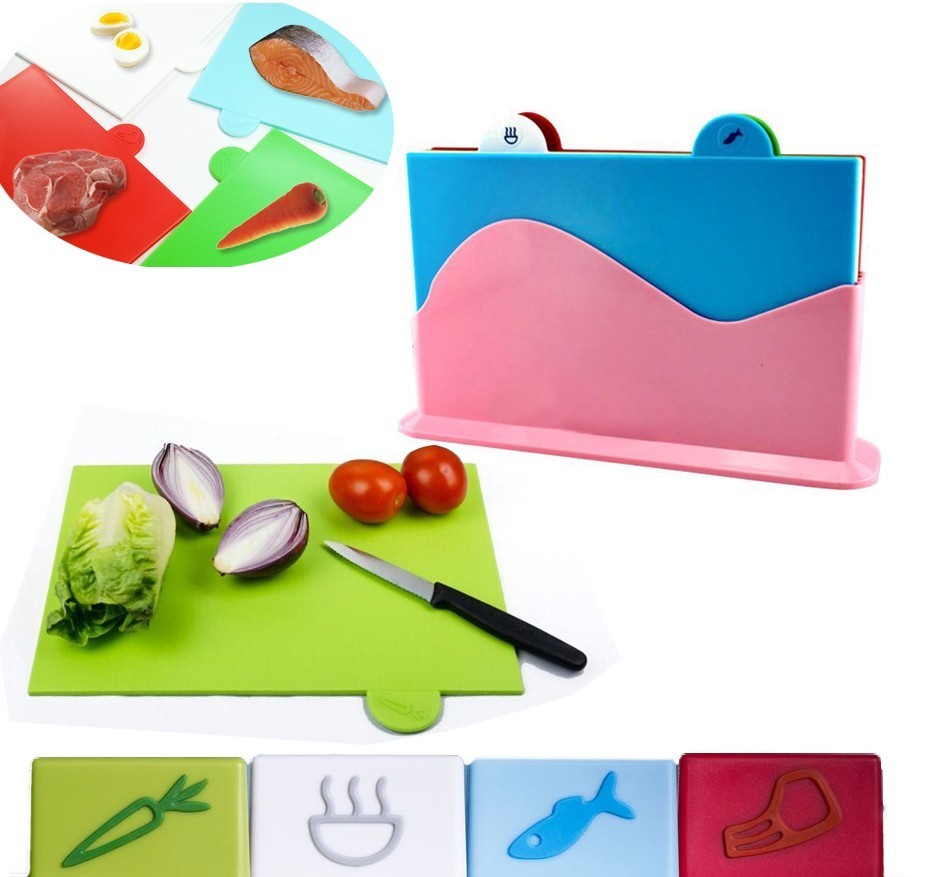 Kit 4 planches à découper - ensemble de cuisine - pvc avec support