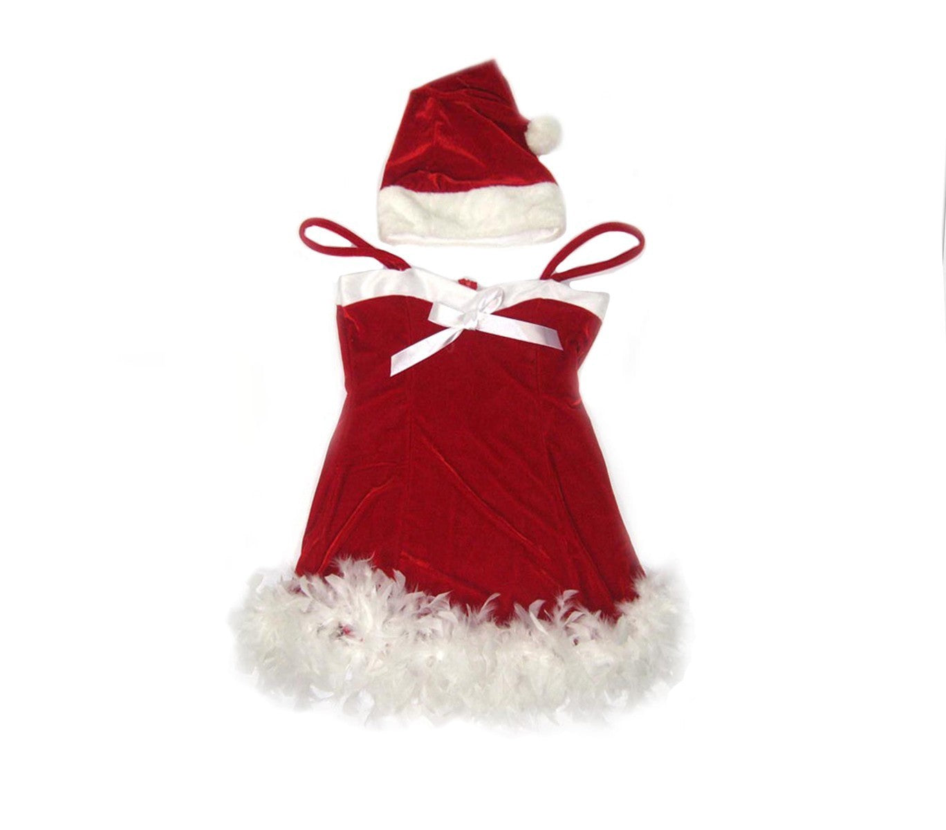 130564 Robe rouge avec noeud blanc sexy femme Noël avec des plumes et un bonnet