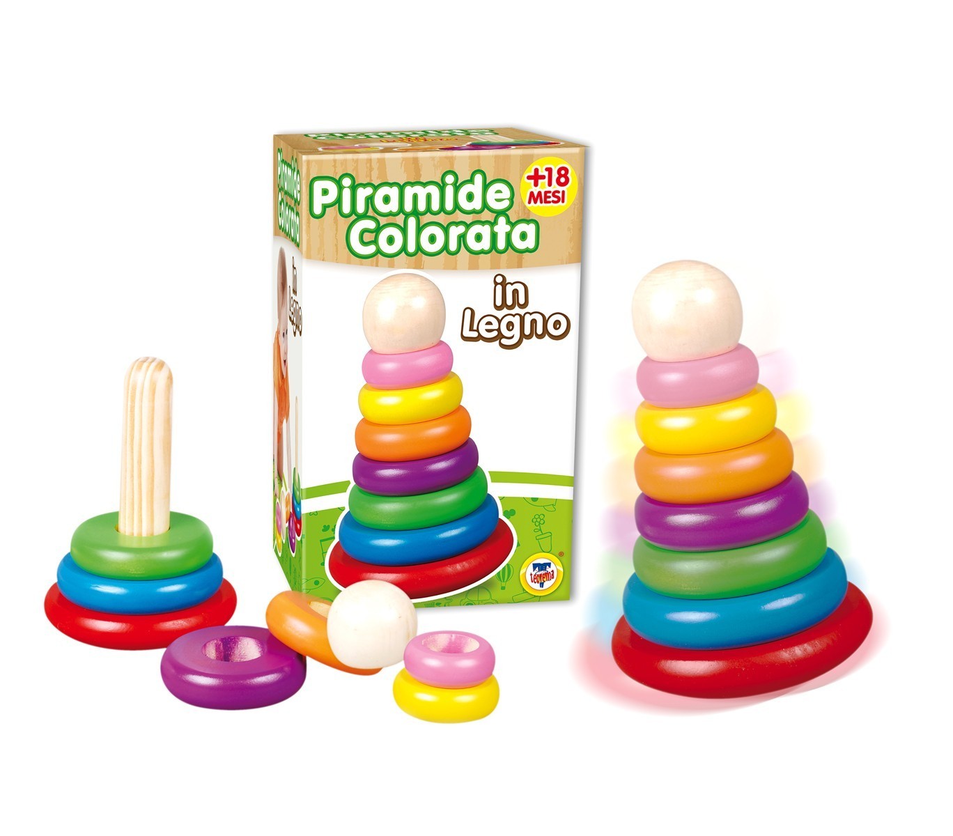 401667 Pyramide d'anneaux en bois multicolore PUZZLE 8 éléments + 18 mois