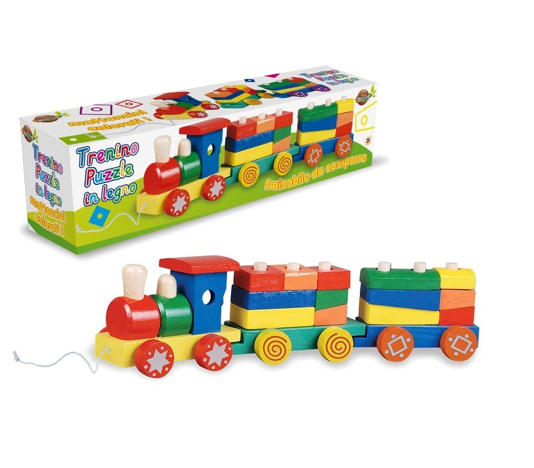 401506 Train à tirer en bois multicolore cubes en bois à empiler et à encastrer