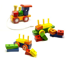 401506 Train à tirer en bois multicolore cubes en bois à empiler et à encastrer