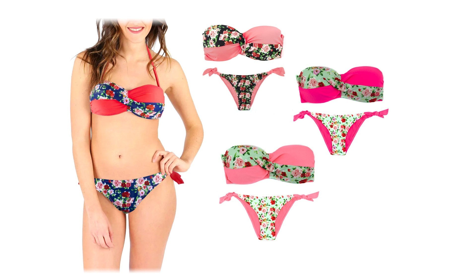 A8912 Maillot de bain bikini rembourrés  mod. BLUEMARY fantaisie de fleurs