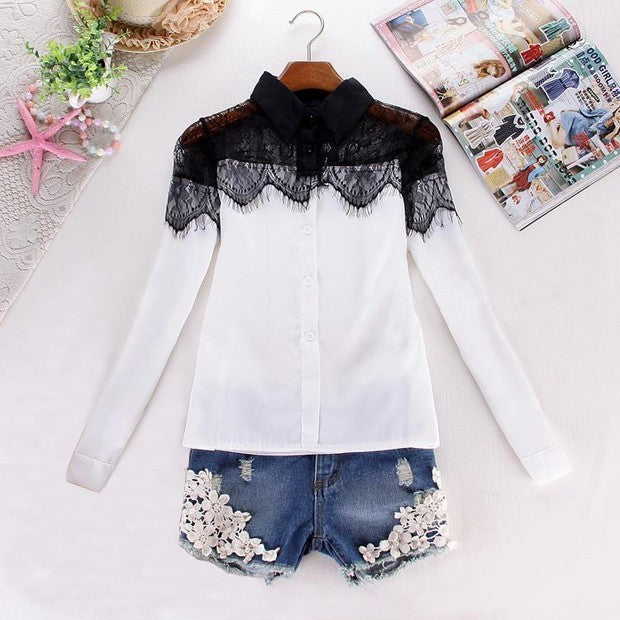 Chemisier blanc femme fille noire dentelle brodée mode printemps mode d'hiver