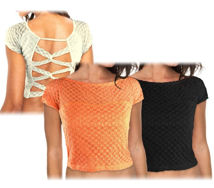 AC316 Top 3/4  dentelle pois brodés croisé du dos