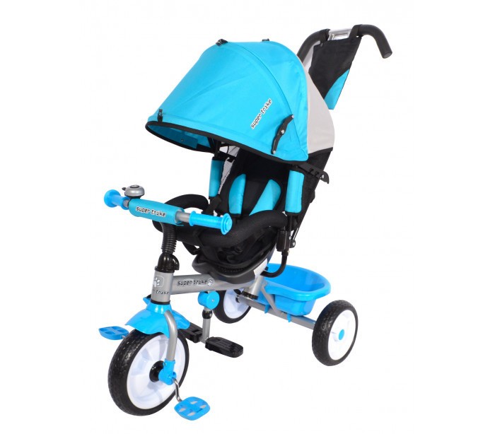 T60141 SPRINT Tricycle à pousser avec pédales, porte-objets et capote Rose/Bleu