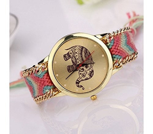 Montre ethnique/ dessin éléphant / Face et bords dorés MOD SUMMER