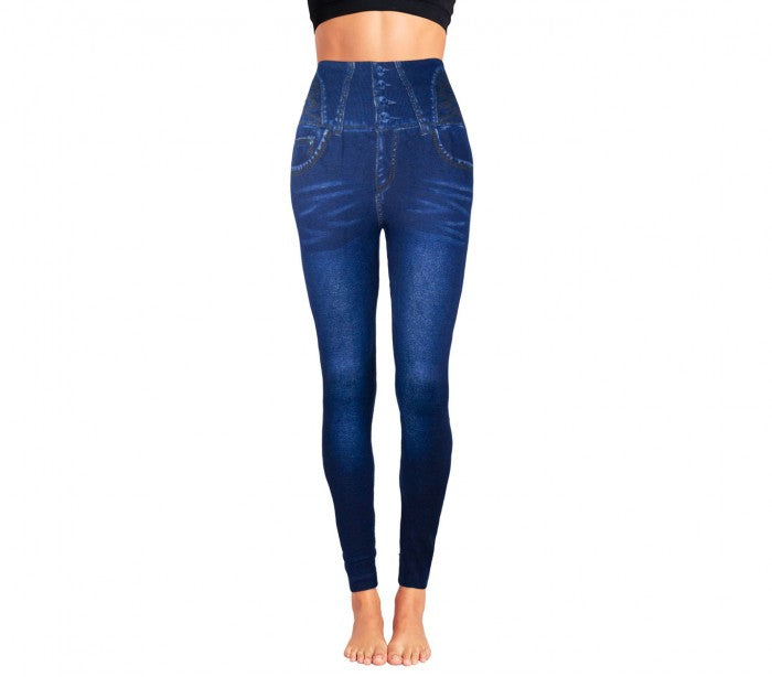 F327 Legging thermique effet denim mod. Hera avec intérieur polaire bleu