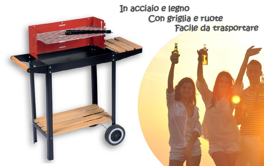 Barbecue à charbon avec roues, barbecue bois et acier mesure 83x28x83 cm