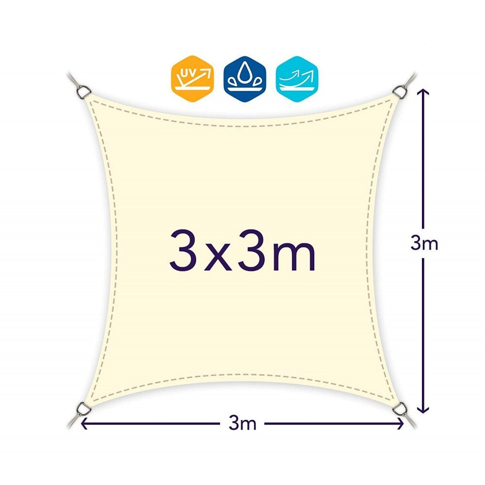 Auvent carré 482407 beige 3x3m avec crochets renforcés et corde en nylon