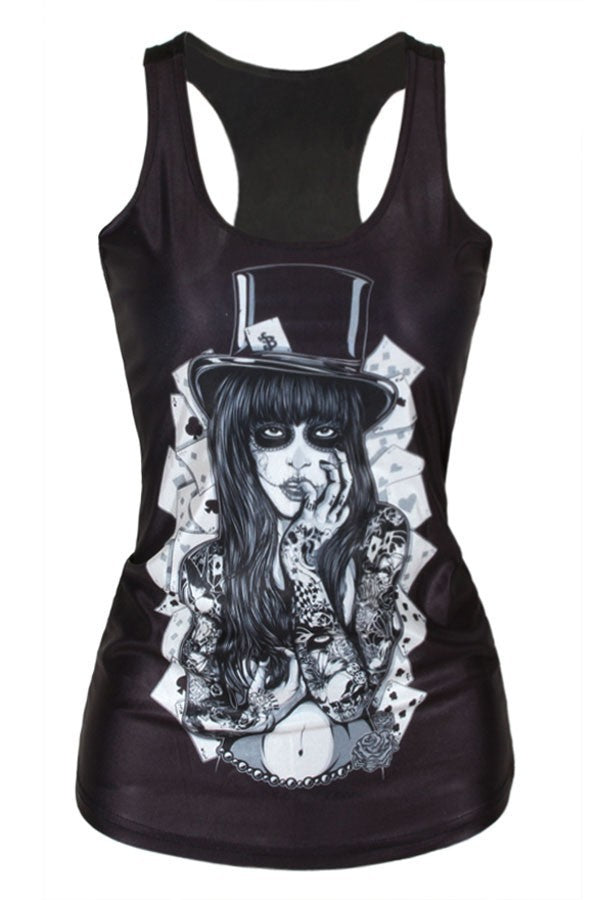 Tee shirt Fantaisie noir pour femme QUEEN OF POKER DESIGN dessin reine du poker