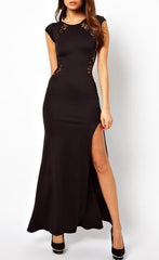 Robe longue ajusté avec dentelle dans le dos et ouverture jambe droite - noire