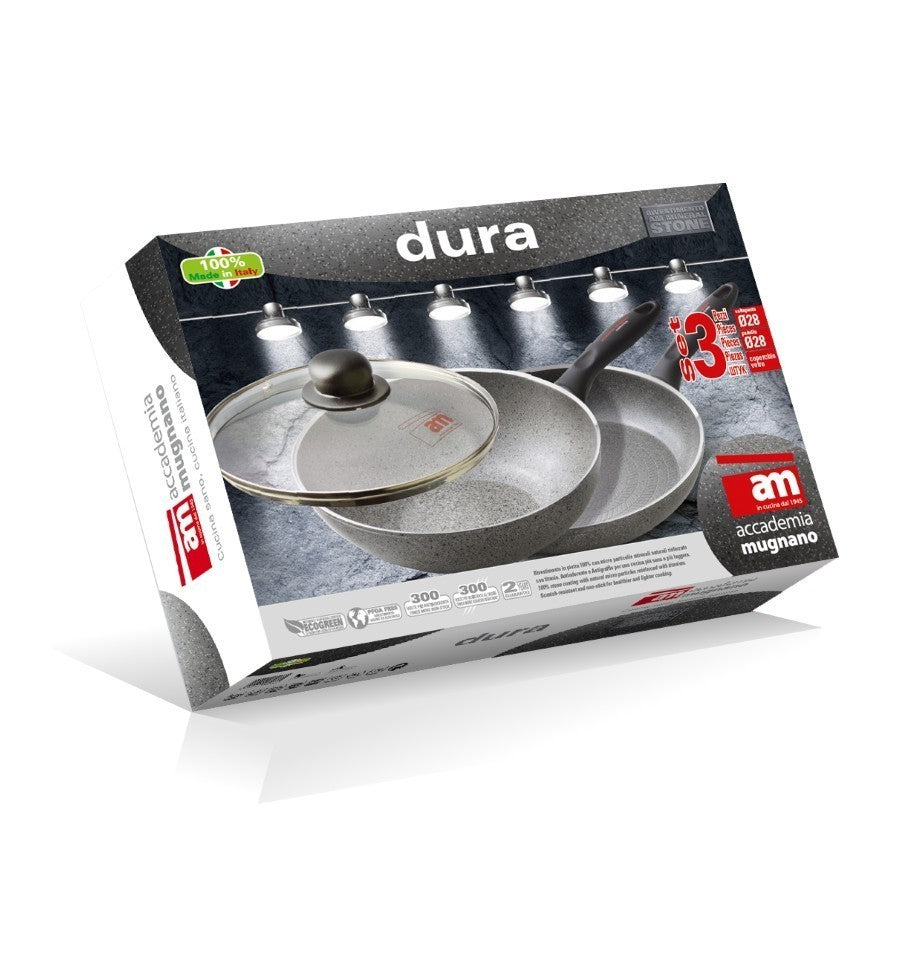 Set 2 Poêles diametre 28 cm avec un couvercle en verre- effet pierre- LINEA DURA