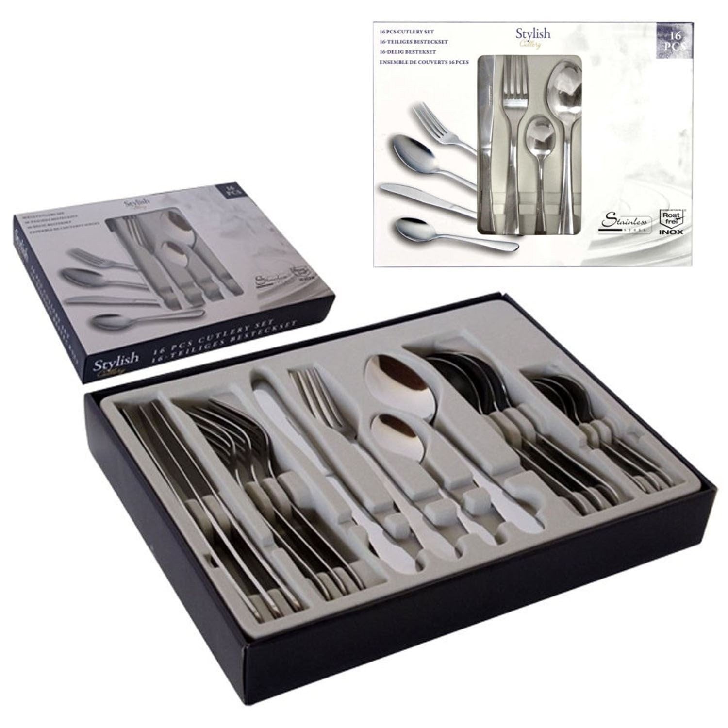 Set 16 pièces de cuisine- Ensemble de couverts INOX moderne et élégant avec étui